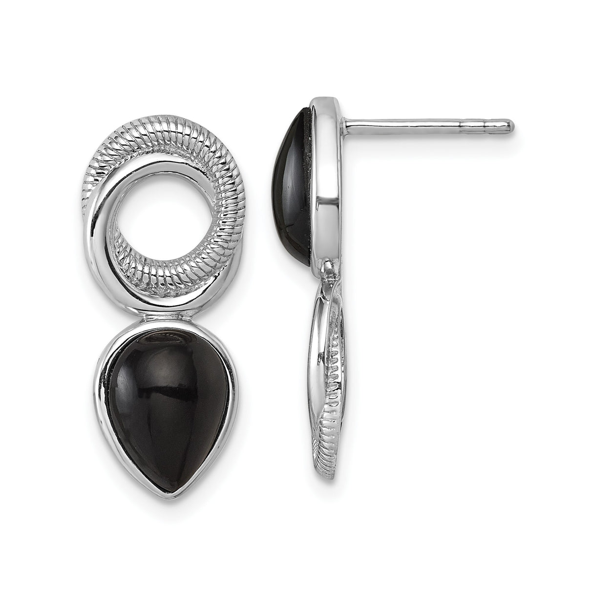 Sterling Silver Teardrop and Circle Drop Earrings for Women with Black Onyx Stone, Modern Minimalist Textured Design, Everyday Stud Earrings, Elegant Silver Jewelry for Formal or Casual Wear