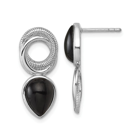 Sterling Silver Teardrop and Circle Drop Earrings for Women with Black Onyx Stone, Modern Minimalist Textured Design, Everyday Stud Earrings, Elegant Silver Jewelry for Formal or Casual Wear
