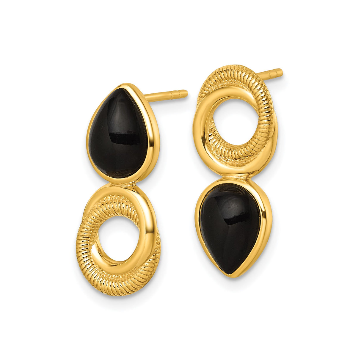 Sterling Silver Dangle Stud Earrings with Black Agate Teardrop and Textured Circle Design