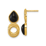 Sterling Silver Dangle Stud Earrings with Black Agate Teardrop and Textured Circle Design