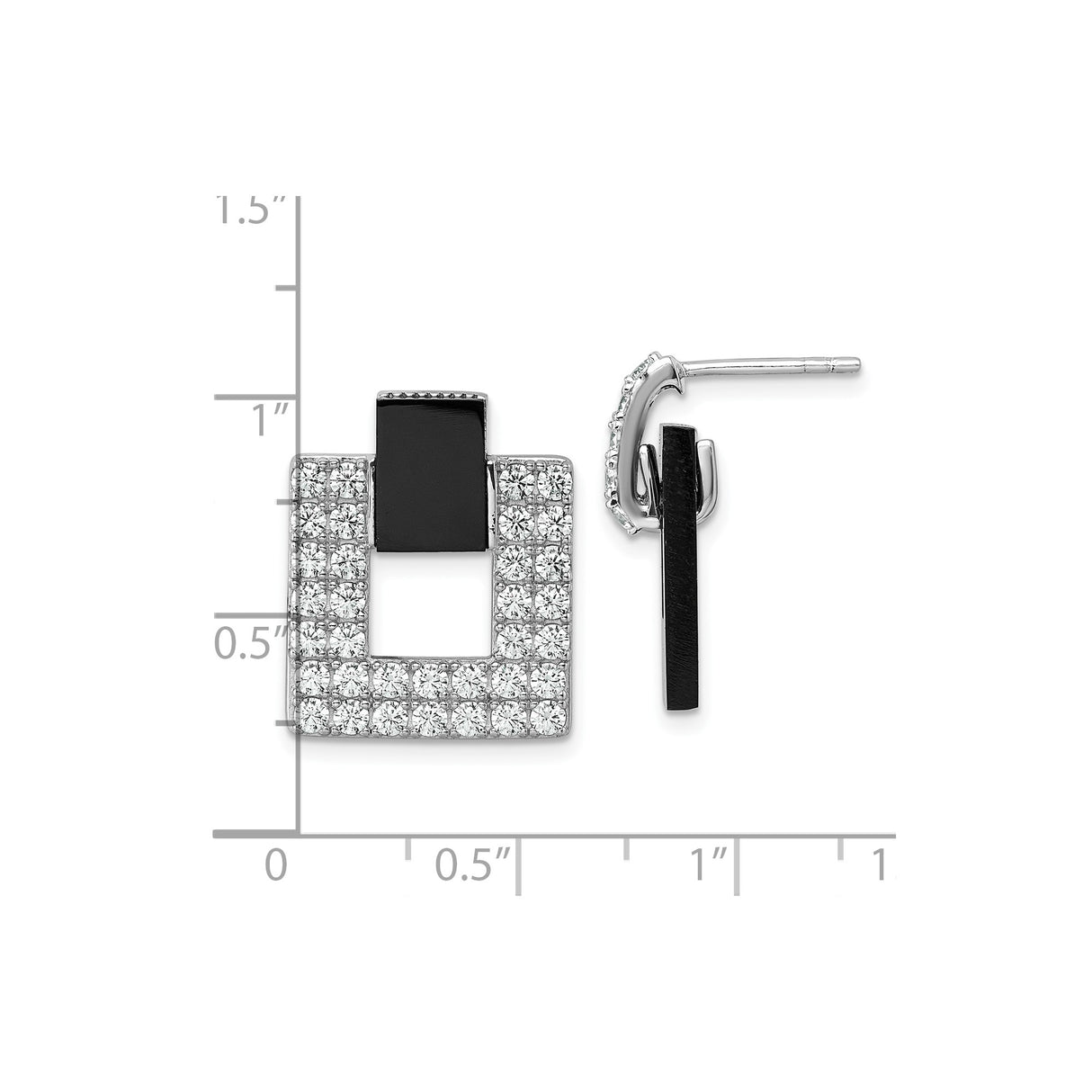 Sterling Silver Square Drop Earrings with Cubic Zirconia and Black Enamel Accents, Geometric Design