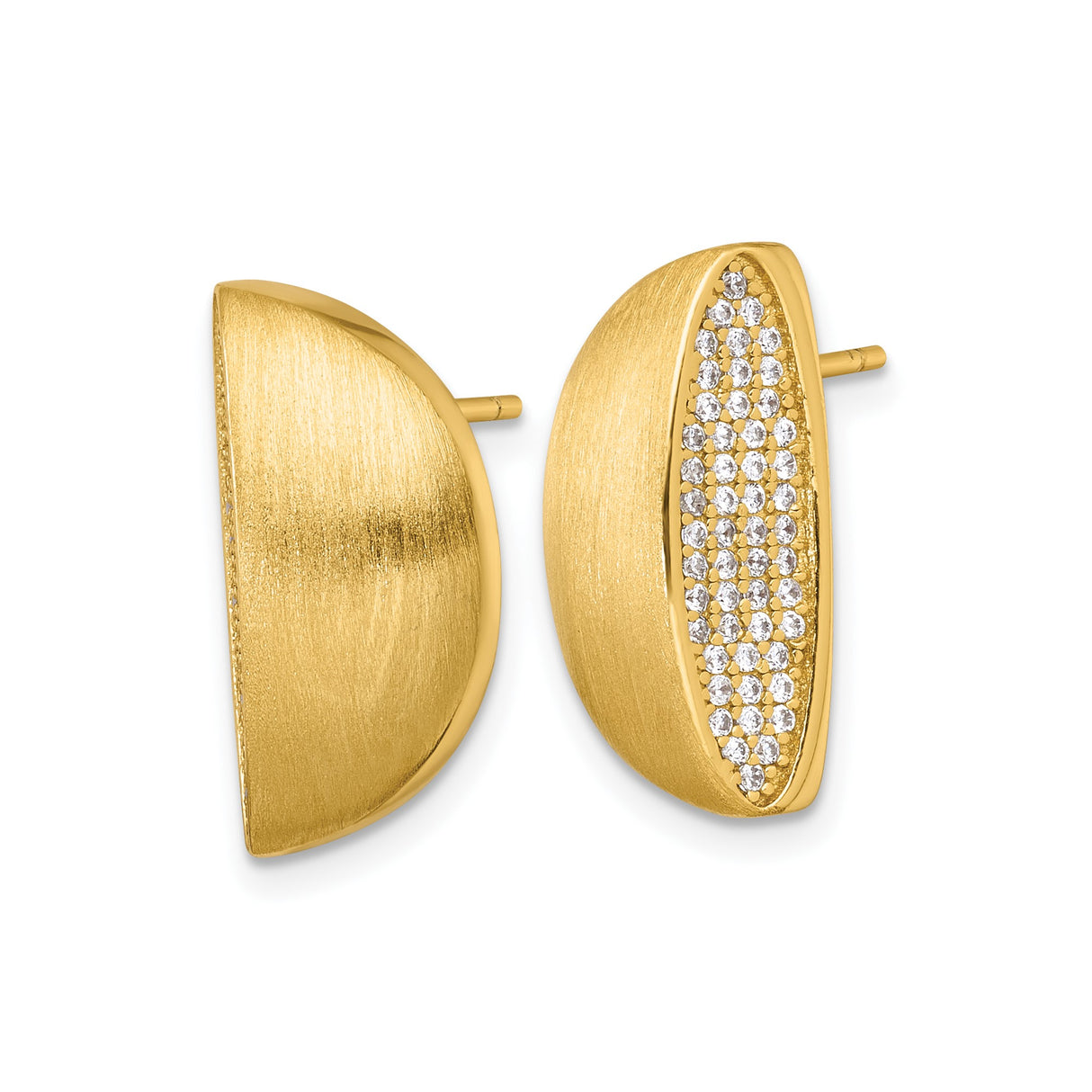 Sterling Silver Stud Earrings with Cubic Zirconia, Half Moon Shape, Matte and Polished Finish
