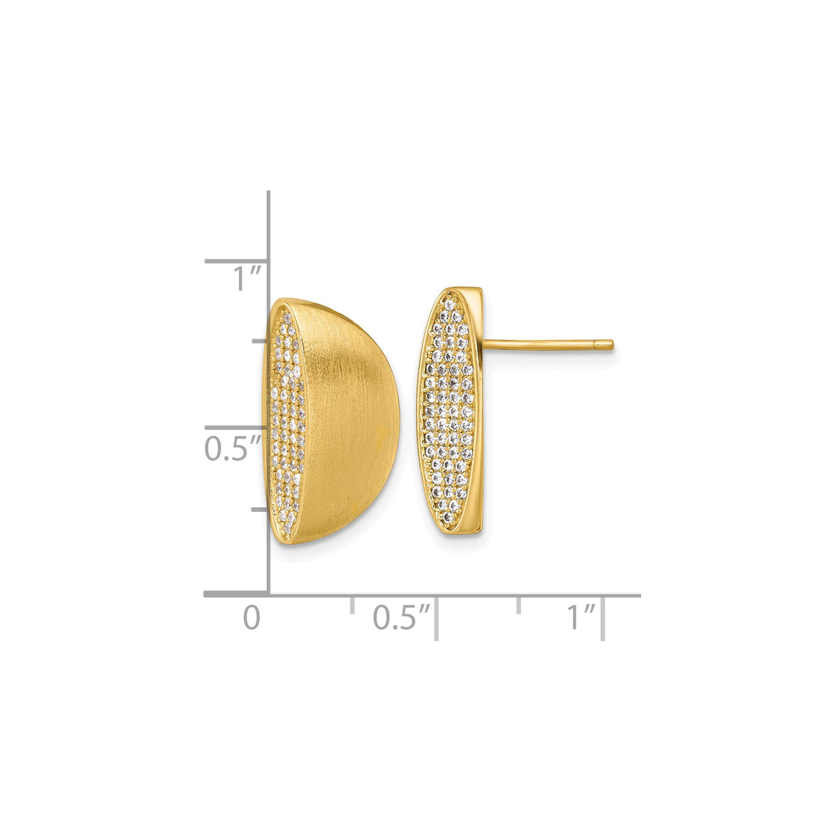 Sterling Silver Stud Earrings with Cubic Zirconia, Half Moon Shape, Matte and Polished Finish