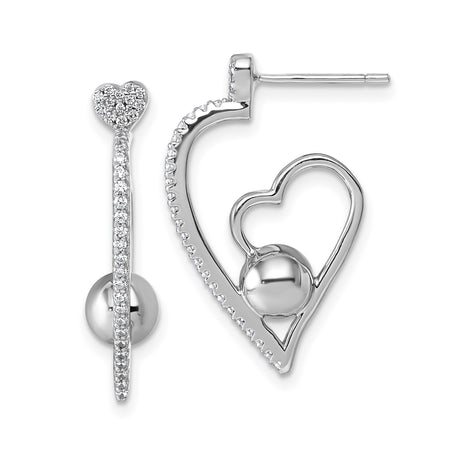 Sterling Silver Heart Stud Earrings with Cubic Zirconia and Polished Bead Accents