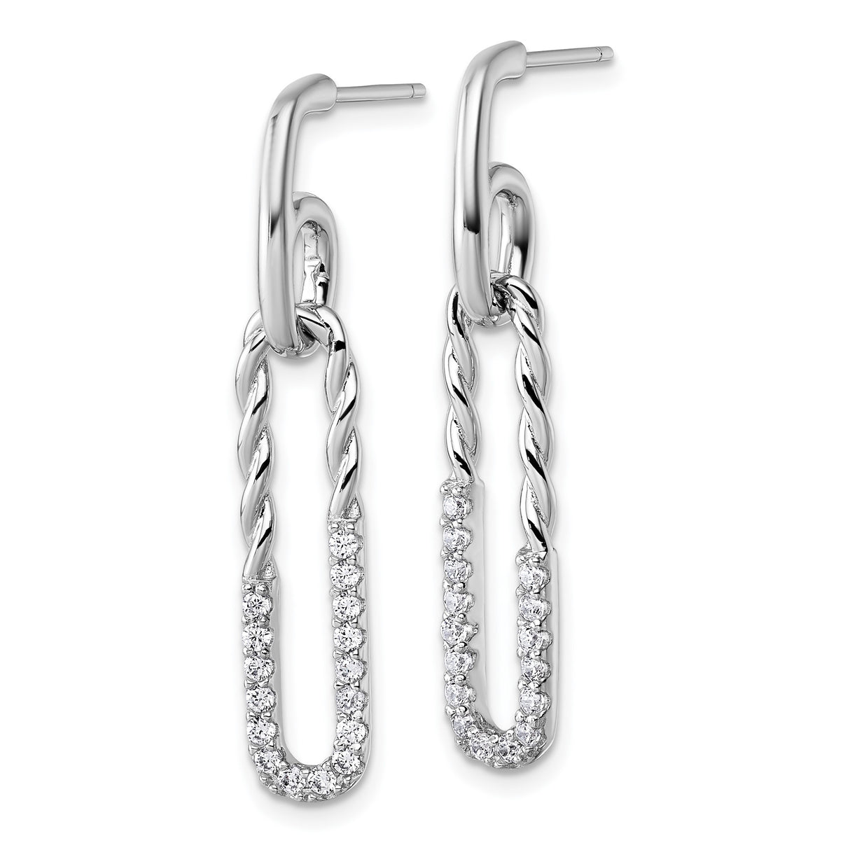 Sterling Silver Drop Earrings with Cubic Zirconia, Twisted Link and Paperclip Design