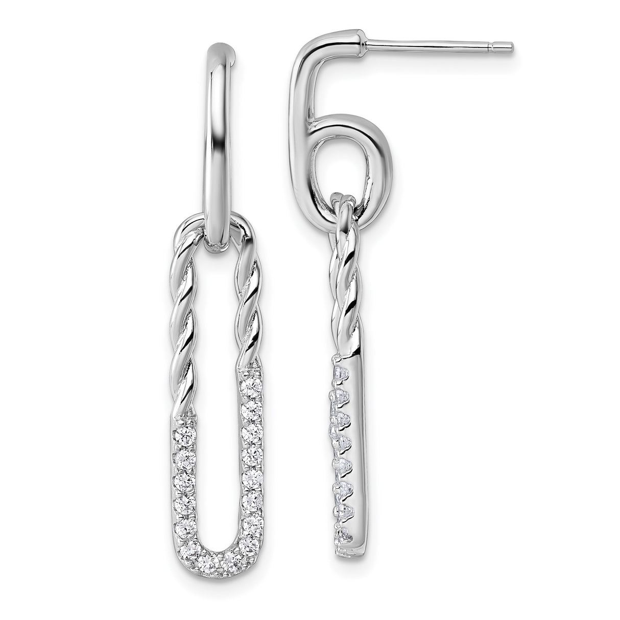 Sterling Silver Drop Earrings with Cubic Zirconia, Twisted Link and Paperclip Design