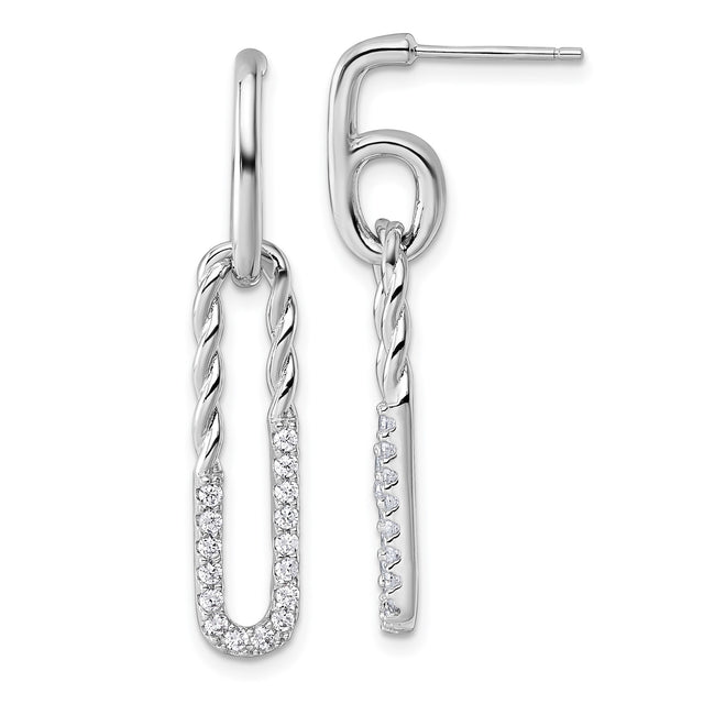 Sterling Silver Drop Earrings with Cubic Zirconia, Twisted Link and Paperclip Design