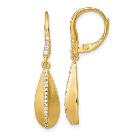 Sterling Silver Teardrop Dangle Earrings with Cubic Zirconia and Brushed Finish Leverback Closure