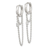 Sterling Silver Double Hoop Earrings with Cubic Zirconia and Dangling Chain Ear Cuff Design