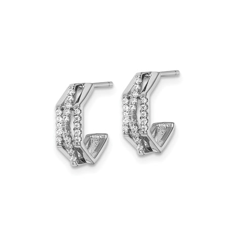 Sterling Silver Hexagon Hoop Earrings with Double Row Cubic Zirconia Accents, Geometric Design
