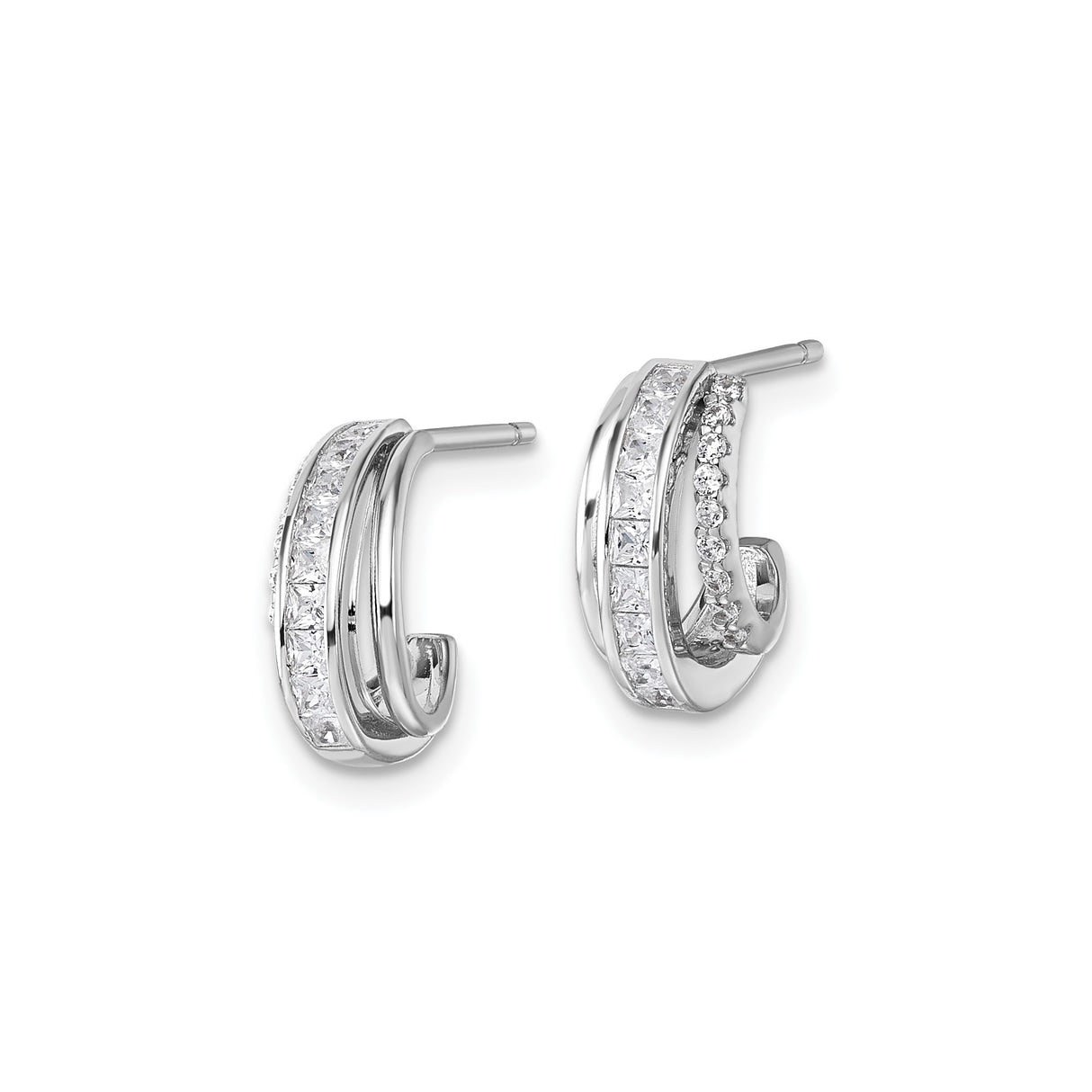 Sterling Silver Hoop Earrings with Channel Set Cubic Zirconia, Double Row Design