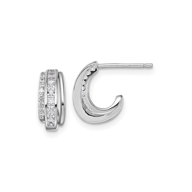 Sterling Silver Hoop Earrings with Channel Set Cubic Zirconia, Double Row Design