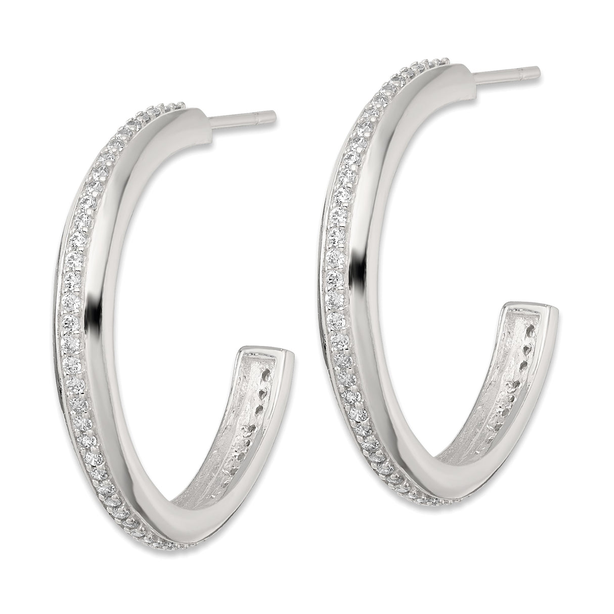 Sterling Silver Hoop Earrings with Cubic Zirconia, Sleek Polished Minimalist Design