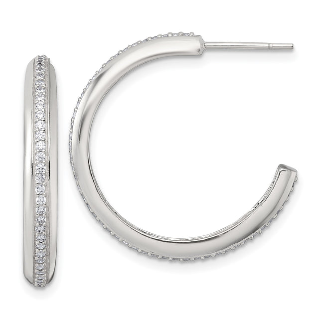 Sterling Silver Hoop Earrings with Cubic Zirconia, Sleek Polished Minimalist Design