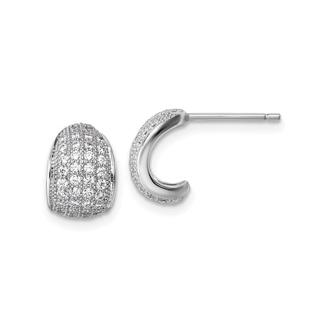 Sterling Silver Huggie Earrings with Cubic Zirconia, Curved J Hoop Design, Rhodium Plated