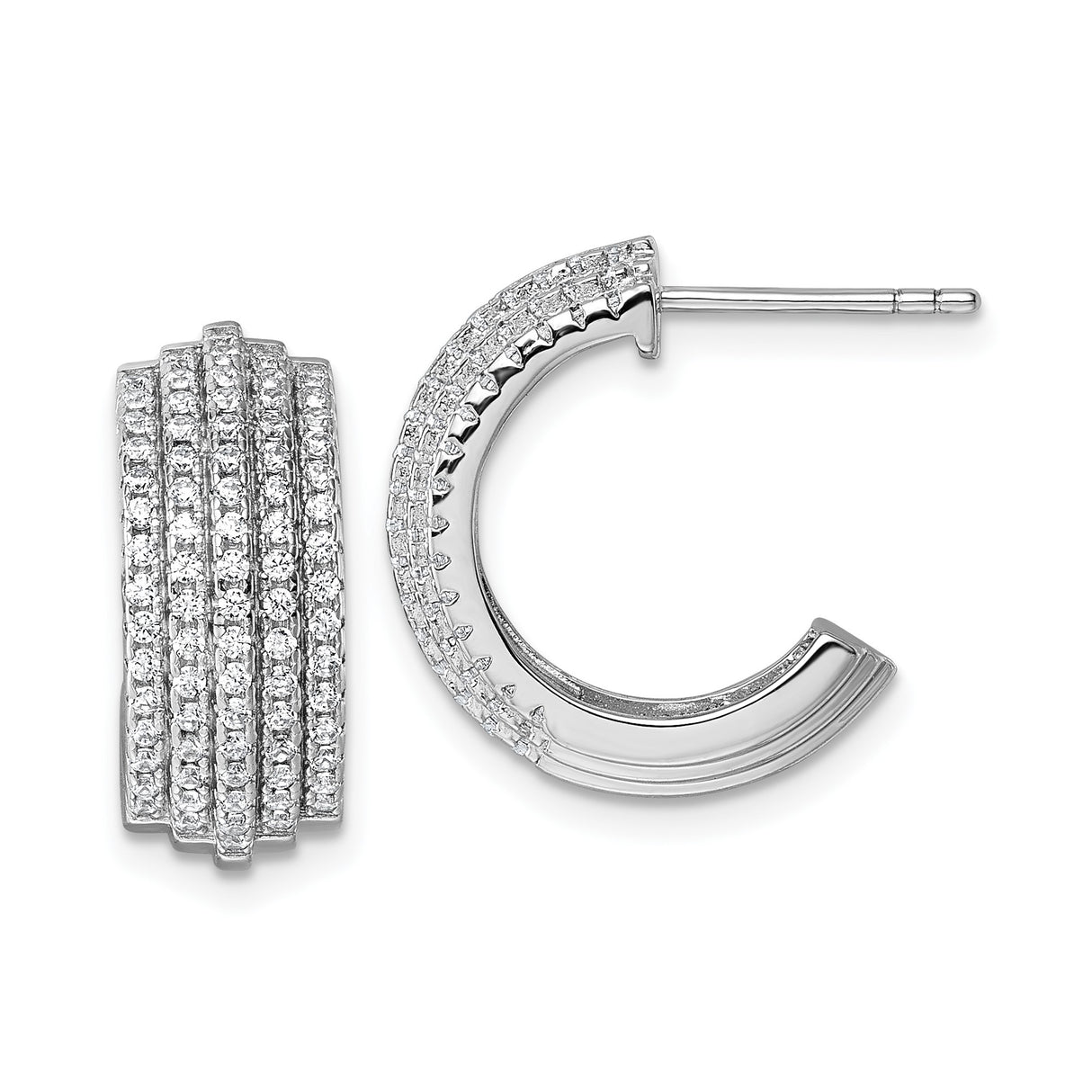 Sterling Silver Huggie Earrings with Cubic Zirconia, Five Row Pavé Layered Design