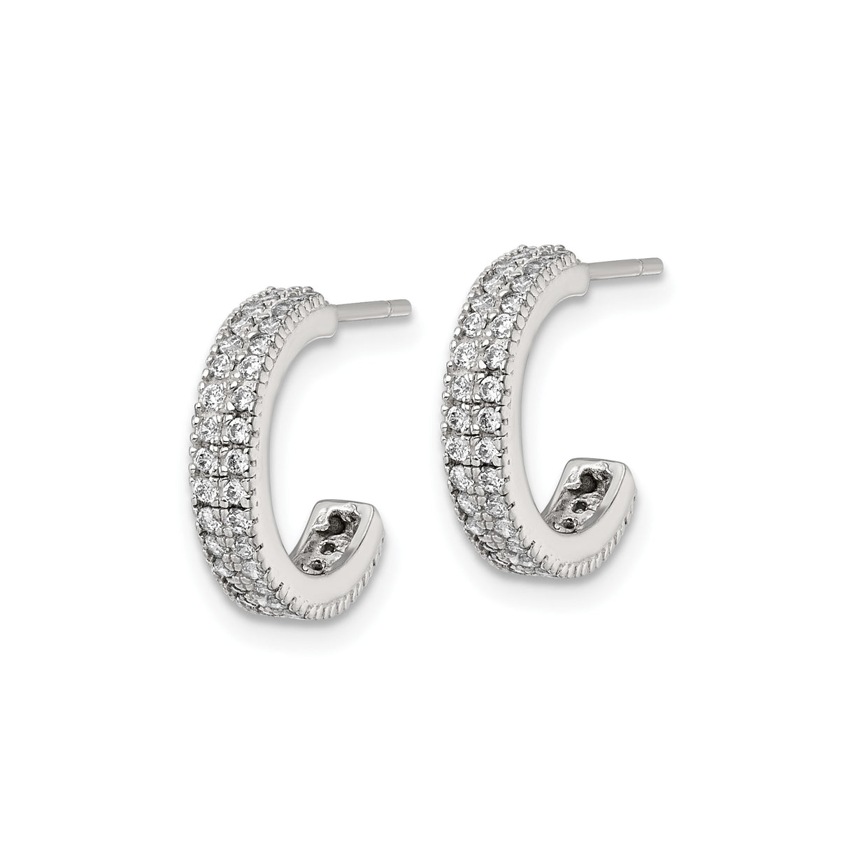 Sterling Silver Hoop Earrings with Cubic Zirconia, Triple Row Pave C-Shaped Design