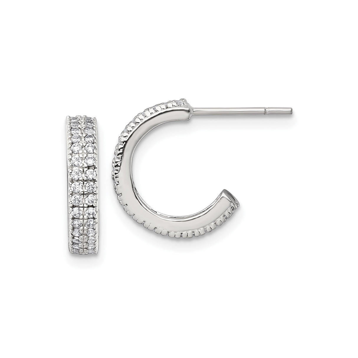 Sterling Silver Hoop Earrings with Cubic Zirconia, Triple Row Pave C-Shaped Design