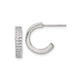 Sterling Silver Hoop Earrings with Cubic Zirconia, Triple Row Pave C-Shaped Design