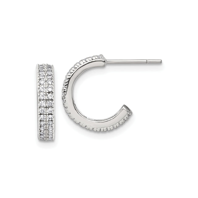 Sterling Silver Hoop Earrings with Cubic Zirconia, Triple Row Pave C-Shaped Design