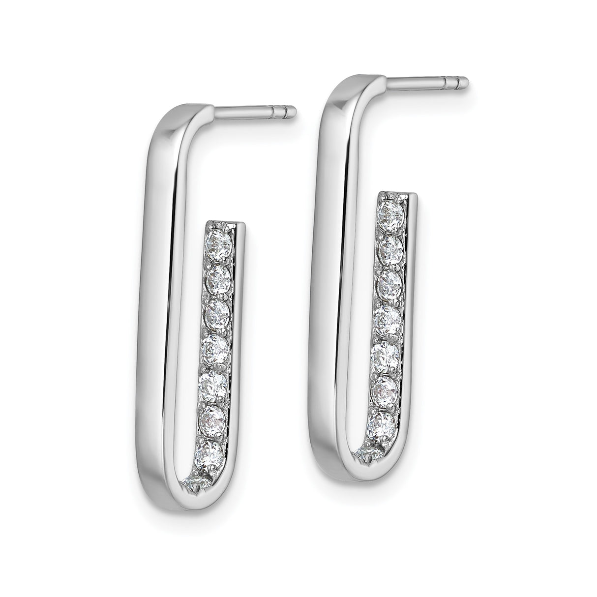 Sterling Silver Rectangle Hoop Earrings with Channel Set Cubic Zirconia, Rhodium Plated Modern Design
