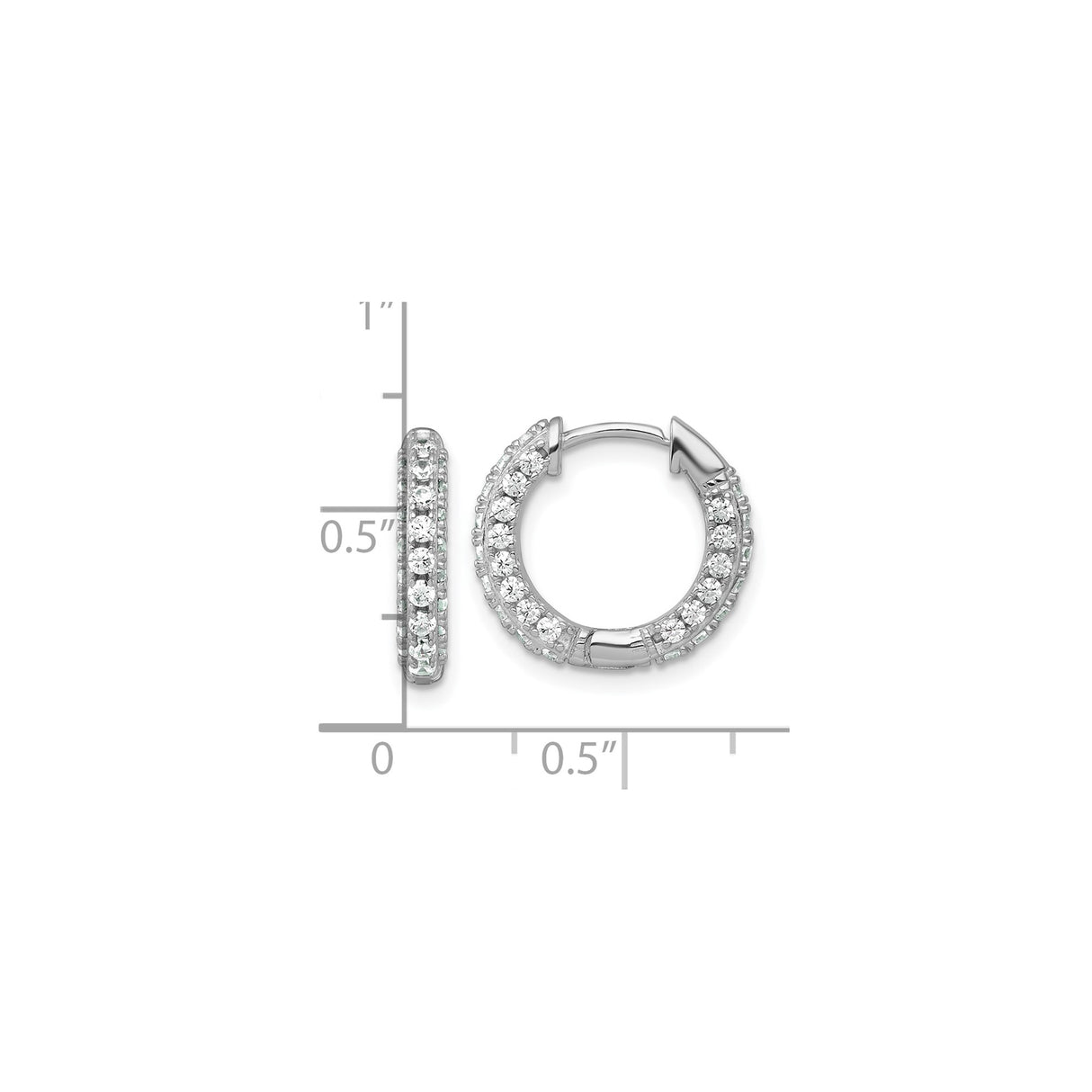 Sterling Silver Hoop Earrings with Double Row Round Cut Cubic Zirconia, Hinged Closure