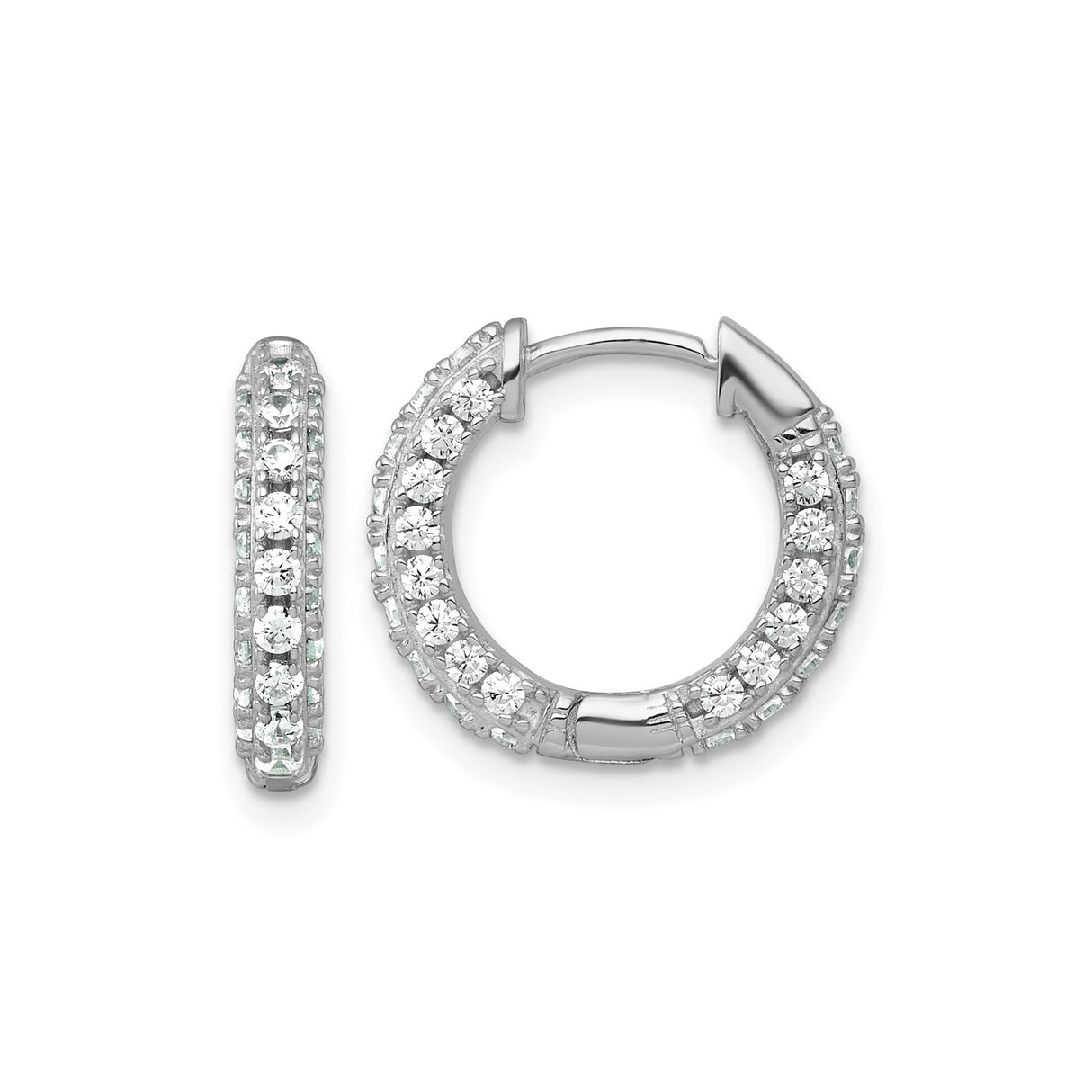 Sterling Silver Hoop Earrings with Double Row Round Cut Cubic Zirconia, Hinged Closure