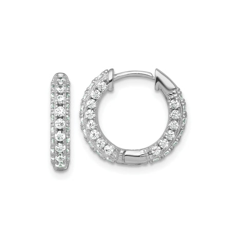 Sterling Silver Hoop Earrings with Double Row Round Cut Cubic Zirconia, Hinged Closure