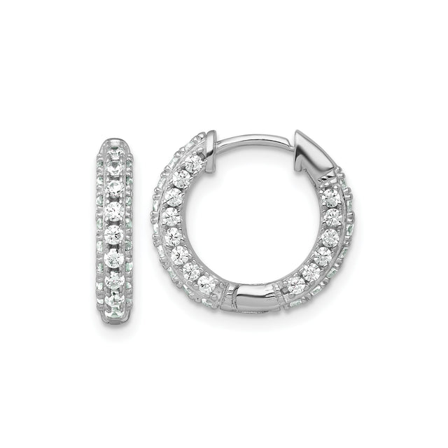 Sterling Silver Hoop Earrings with Double Row Round Cut Cubic Zirconia, Hinged Closure