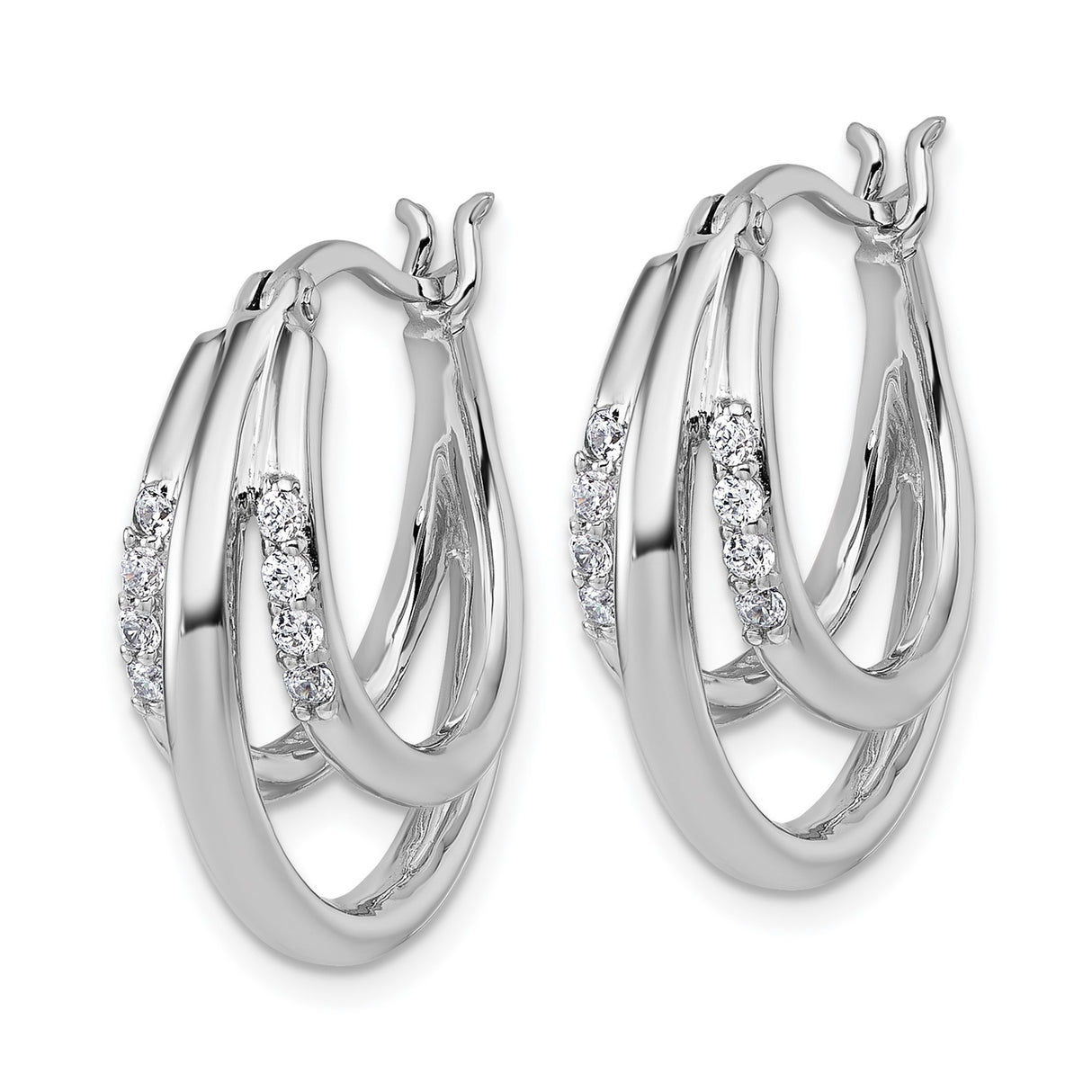 Sterling Silver Triple Oval Hoop Earrings with Cubic Zirconia Accents, Rhodium Plated Layered Design