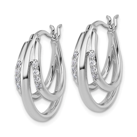 Sterling Silver Triple Oval Hoop Earrings with Cubic Zirconia Accents, Rhodium Plated Layered Design