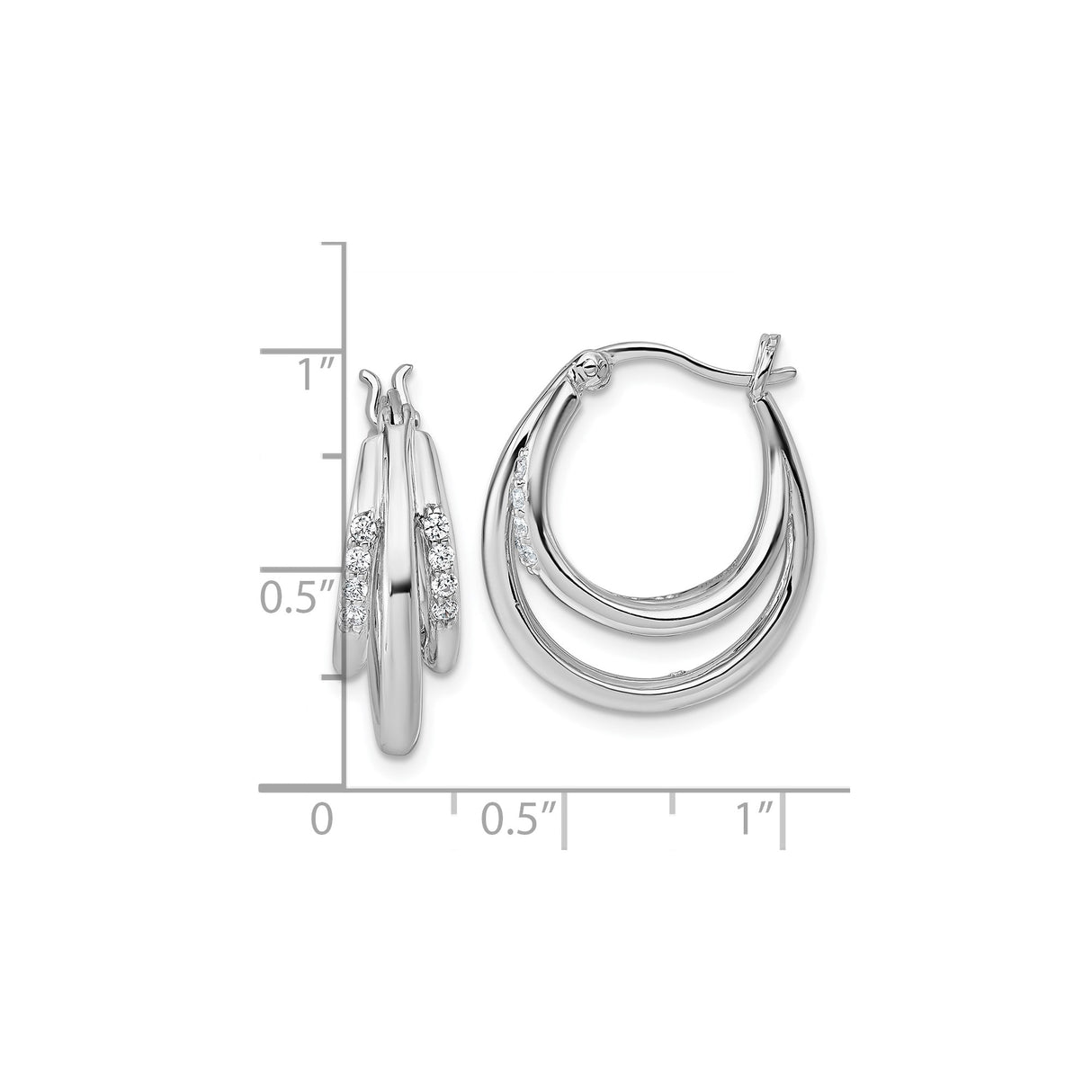 Sterling Silver Triple Oval Hoop Earrings with Cubic Zirconia Accents, Rhodium Plated Layered Design