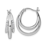 Sterling Silver Triple Oval Hoop Earrings with Cubic Zirconia Accents, Rhodium Plated Layered Design