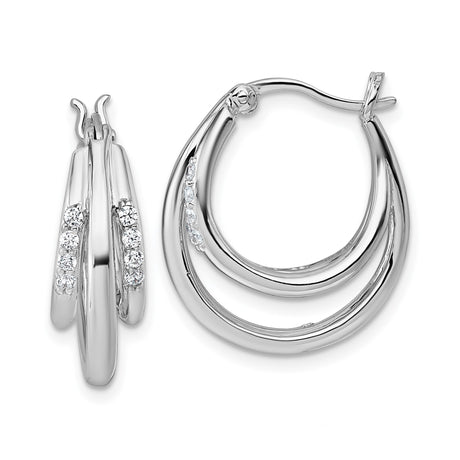 Sterling Silver Triple Oval Hoop Earrings with Cubic Zirconia Accents, Rhodium Plated Layered Design
