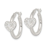 Sterling Silver Hoop Earrings with Open Heart Charms and Cubic Zirconia Accents