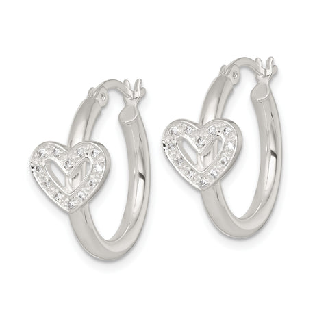 Sterling Silver Hoop Earrings with Open Heart Charms and Cubic Zirconia Accents
