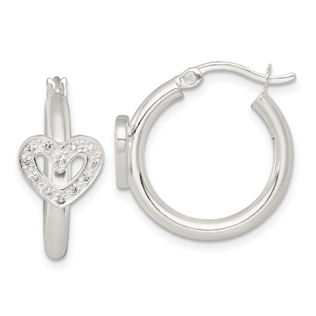 Sterling Silver Hoop Earrings with Open Heart Charms and Cubic Zirconia Accents