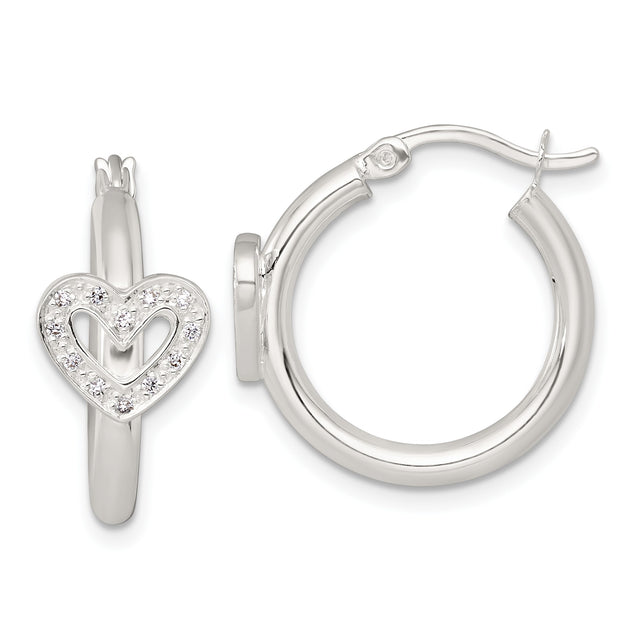 Sterling Silver Hoop Earrings with Open Heart Charms and Cubic Zirconia Accents