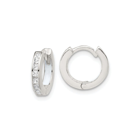 Sterling Silver Hoop Earrings with Channel Set Square Cut Cubic Zirconia, Huggie Style