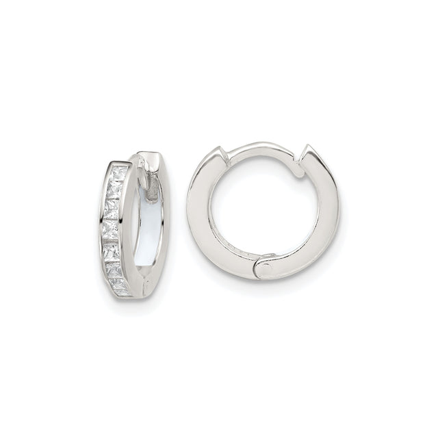 Sterling Silver Hoop Earrings with Channel Set Square Cut Cubic Zirconia, Huggie Style