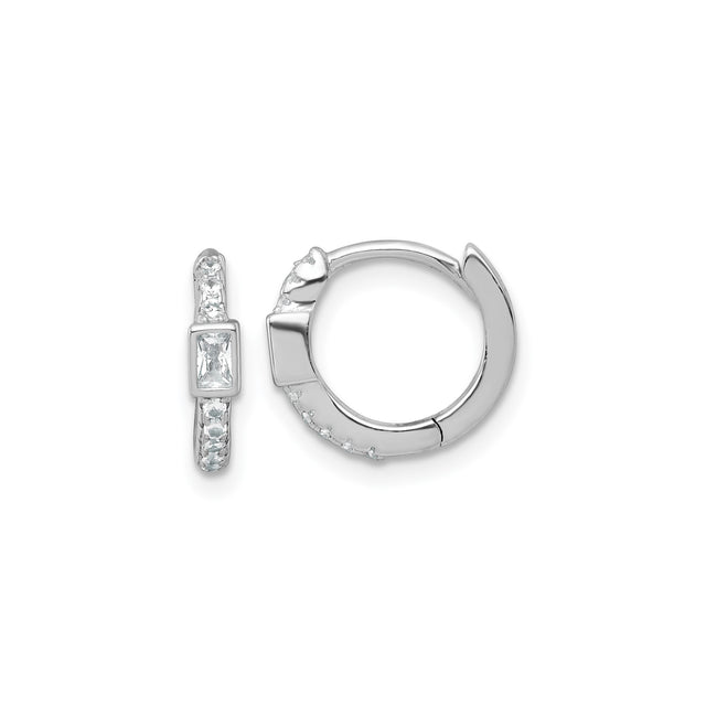 Sterling Silver Huggie Hoop Earrings with Round and Princess Cut Cubic Zirconia, Polished Finish