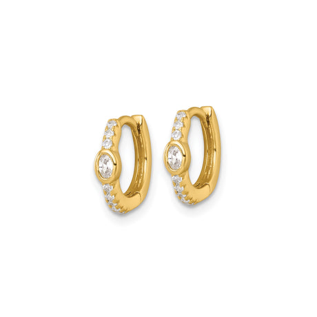 Sterling Silver Huggie Hoop Earrings with Round and Oval Cubic Zirconia, Gold Plated, Hinged Clasp