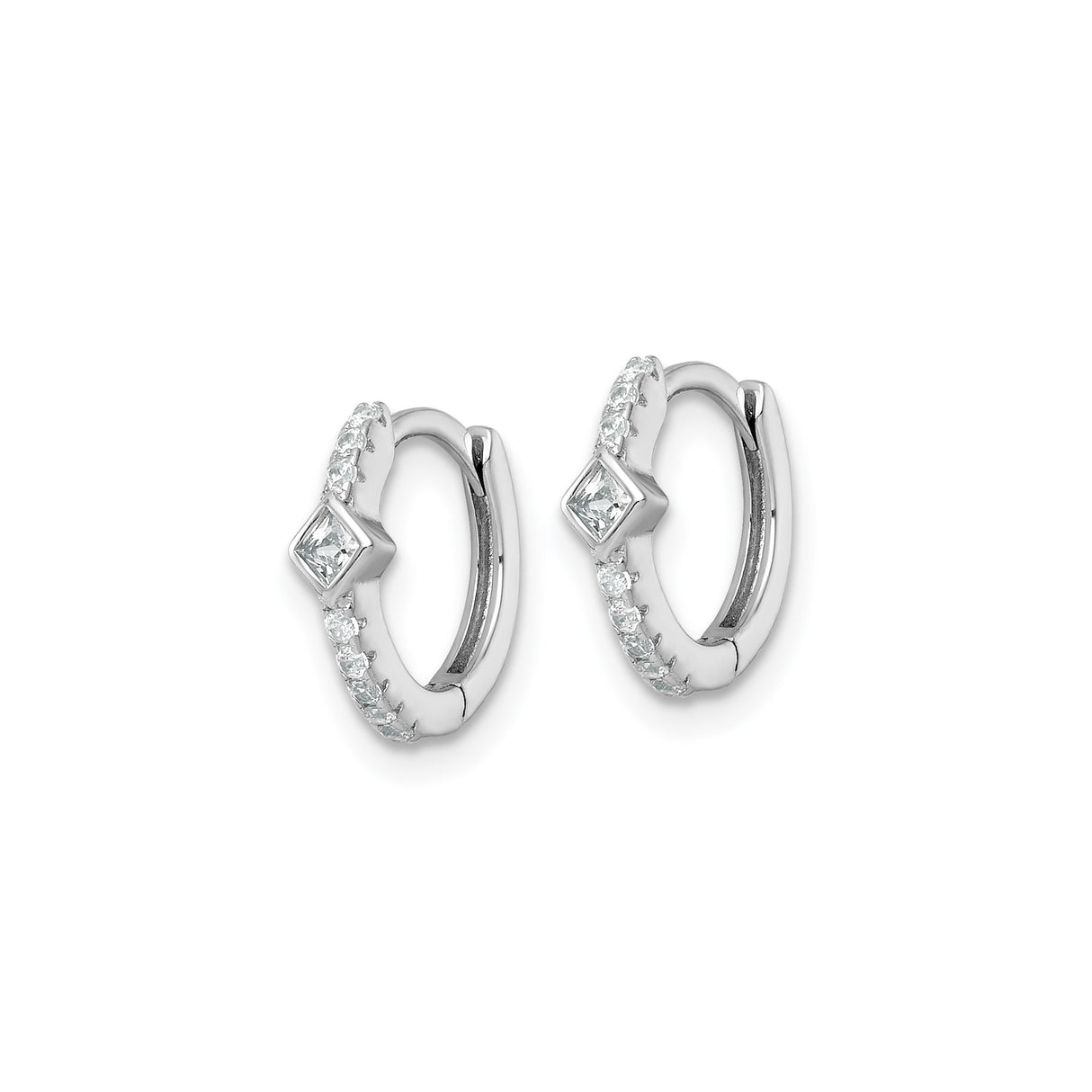 Sterling Silver Hoop Earrings with Round Cut Cubic Zirconia and Square Accent Huggie Style