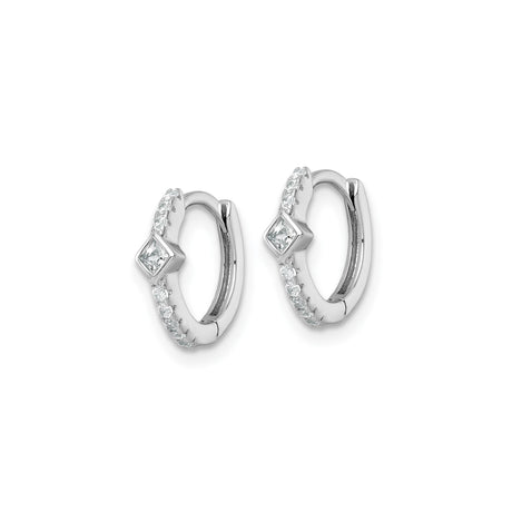 Sterling Silver Hoop Earrings with Round Cut Cubic Zirconia and Square Accent Huggie Style