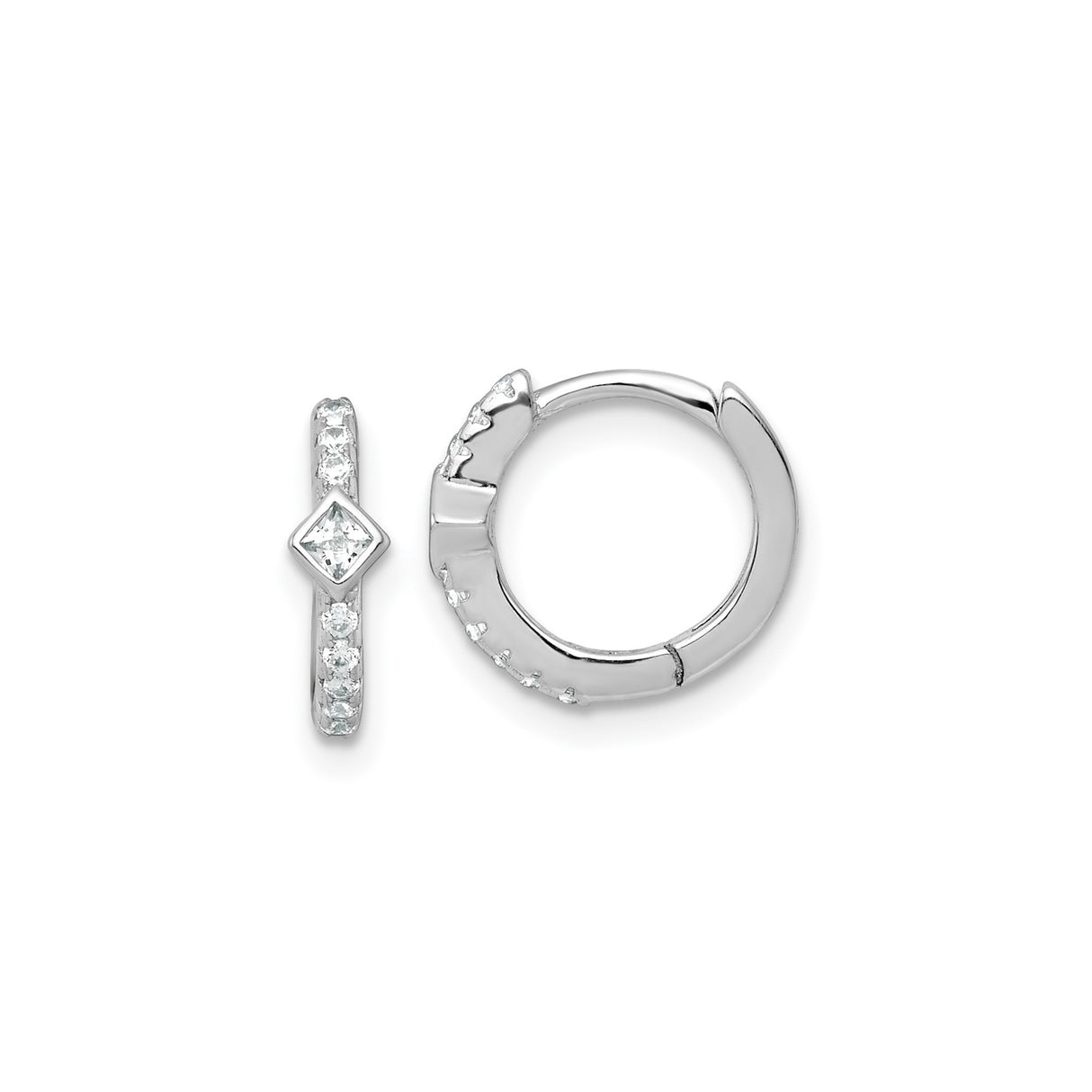 Sterling Silver Hoop Earrings with Round Cut Cubic Zirconia and Square Accent Huggie Style