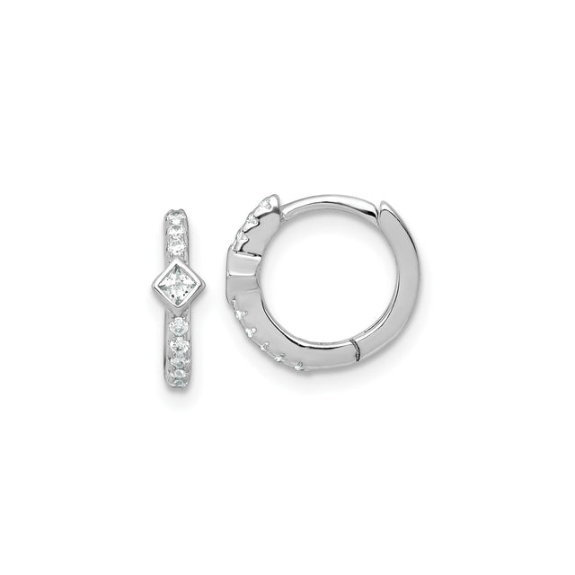 Sterling Silver Hoop Earrings with Round Cut Cubic Zirconia and Square Accent Huggie Style