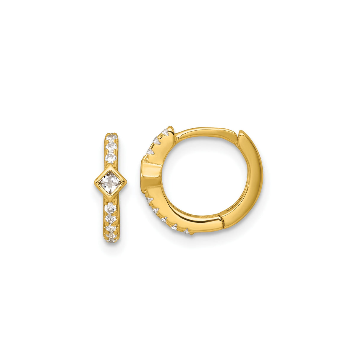 Sterling Silver Gold Plated Hoop Earrings with Cubic Zirconia and Square Accent