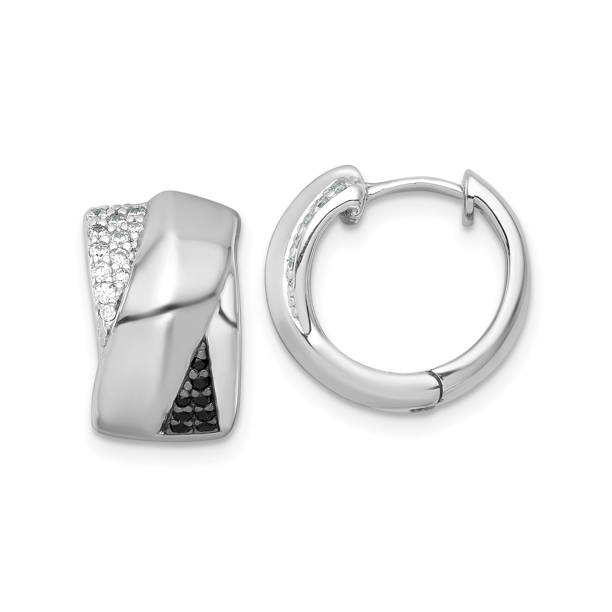 Sterling Silver Hoop Earrings with Black and White Cubic Zirconia, Twisted Modern Design