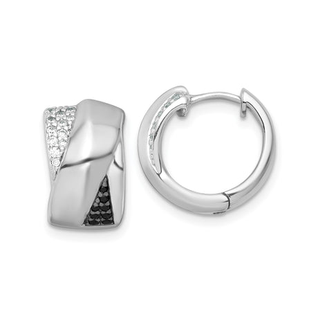 Sterling Silver Hoop Earrings with Black and White Cubic Zirconia, Twisted Modern Design
