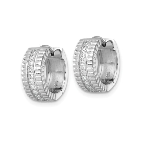 Sterling Silver Hoop Earrings with Cubic Zirconia, Ribbed Design, Rhodium Plated Finish
